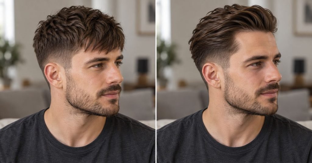 coiffure frange vers l'avant ou cheveux coiffé en arrière