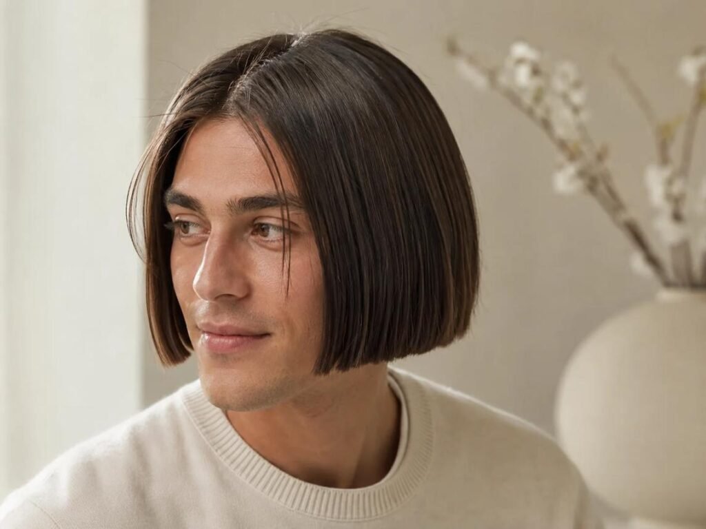 Coupe au carré mi-longue pour homme, pointes au niveau de la mâchoire