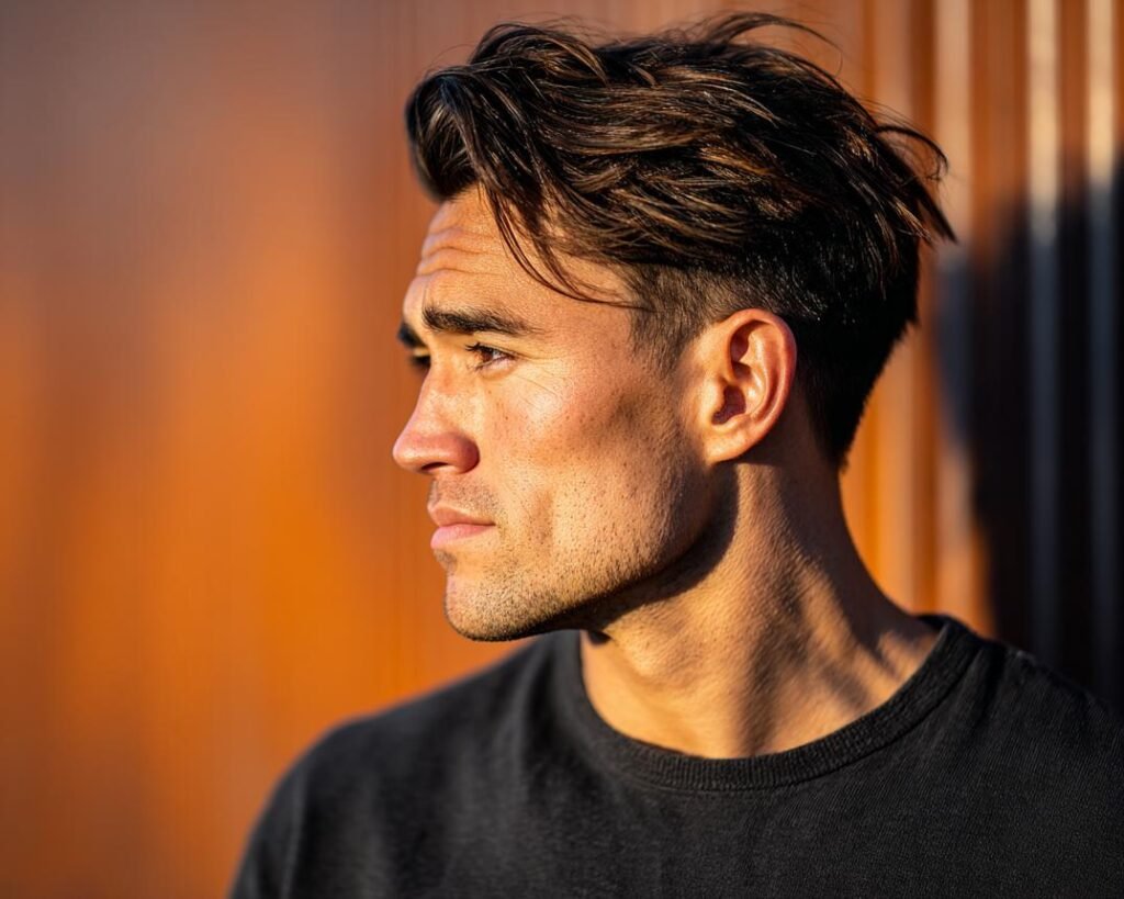 Coupe homme avec cheveux mi-longs sur le dessus et côtés raccourcis
