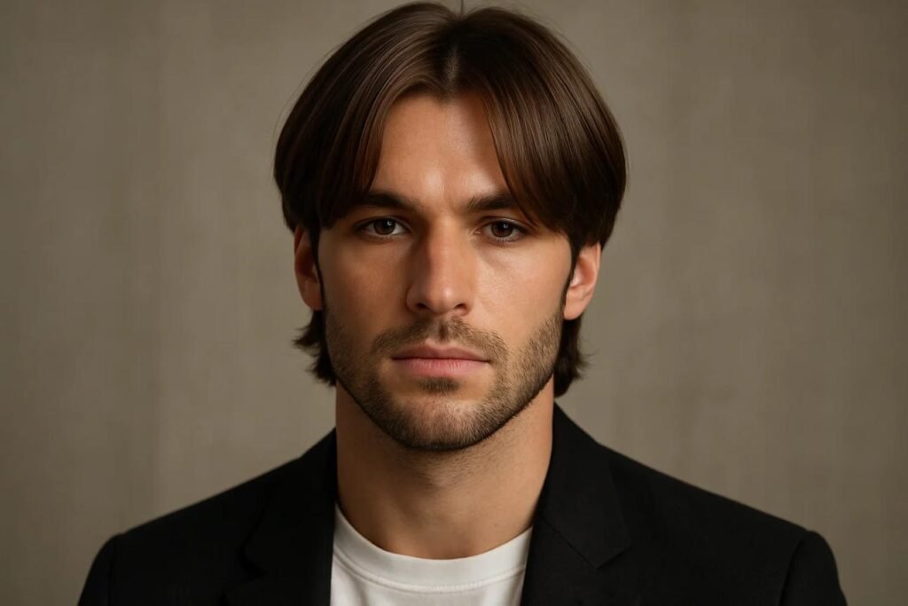 Coupe mi-longue masculine avec frange rideau et raie au milieu