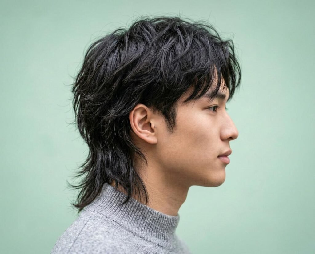 Coupe wolf cut masculine avec longueurs dégradées et nuque visible