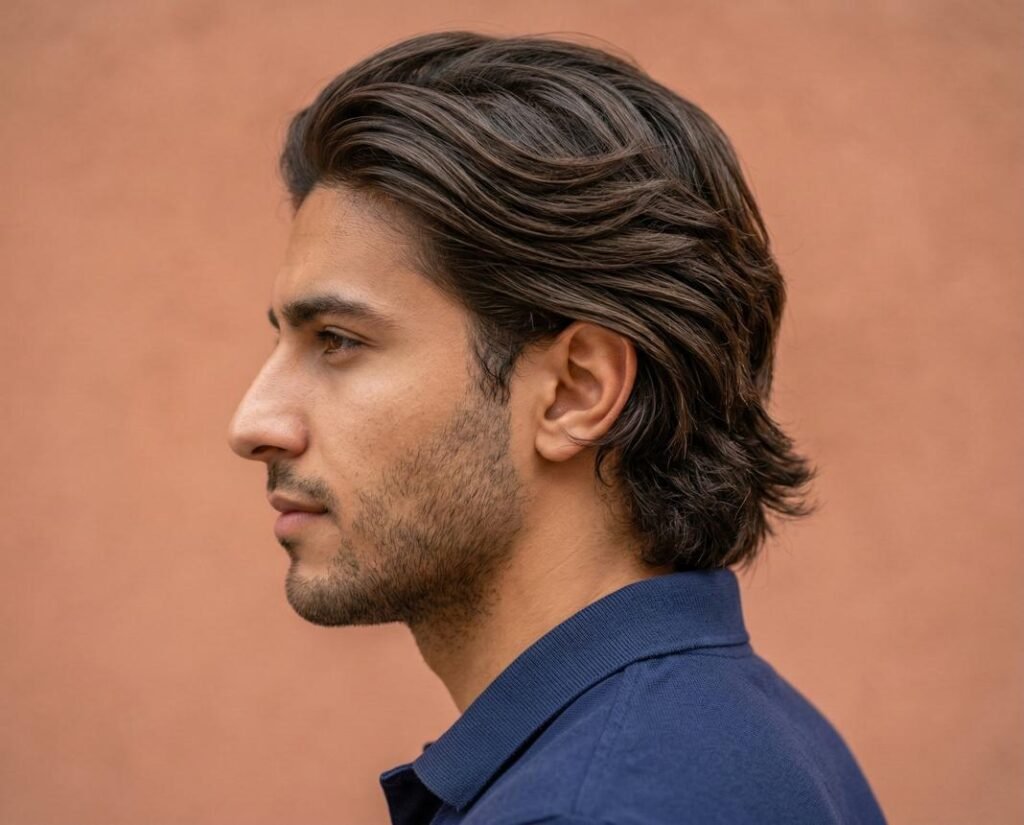 Homme avec une coupe bro flow mi-longue, cheveux coiffés vers l'arrière