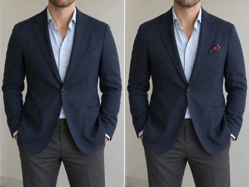 Tenue avec veste bleu marine, sans pochette à gauche et avec une pochette bordeaux à droite.