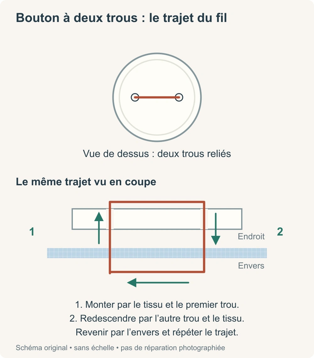 Schéma du fil sur un bouton à deux trous, vu de dessus et en coupe avec les traversées du tissu.