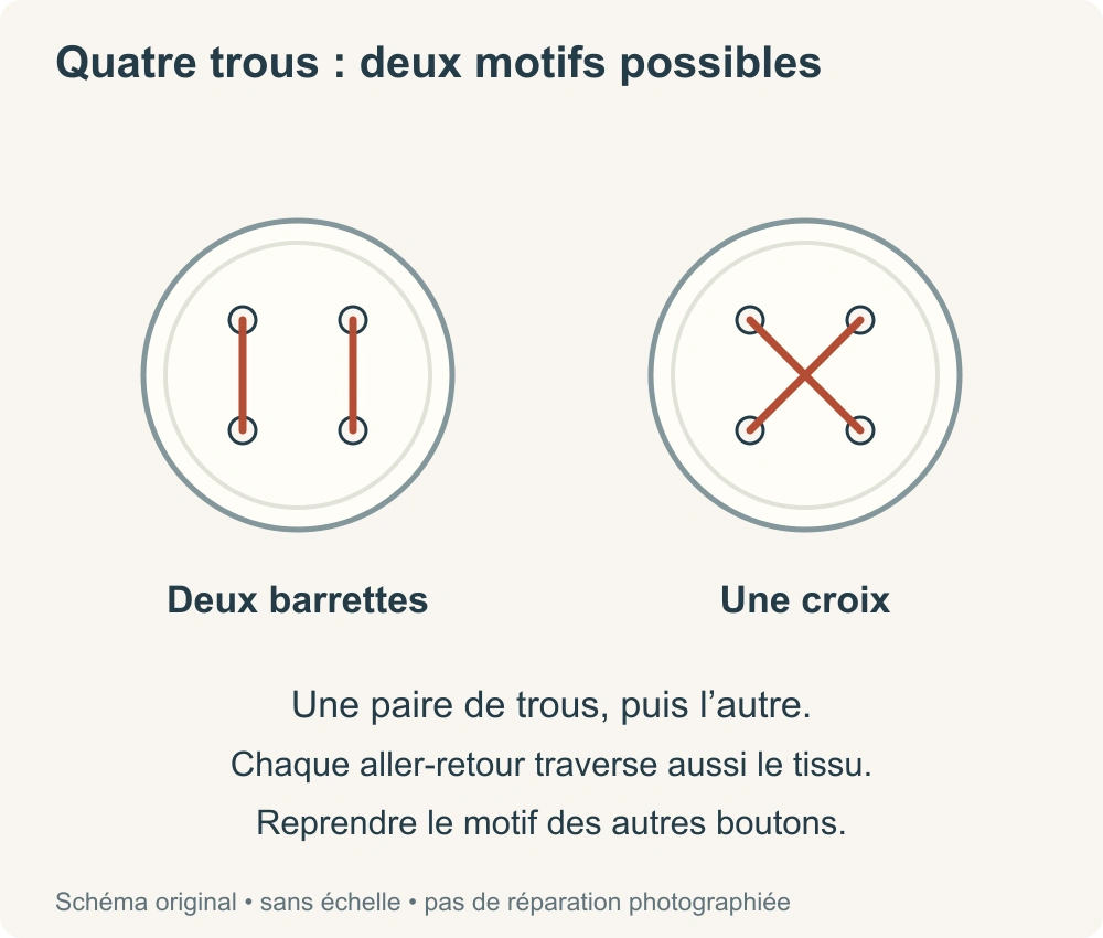 Deux motifs sur un bouton à quatre trous : deux barrettes parallèles et une croix.