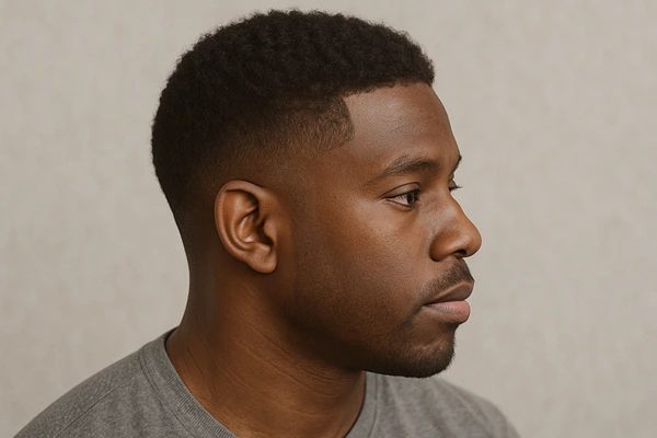 Profil trois quarts d’un homme avec dessus court texturé, taper à la tempe et cheveux visibles au-dessus de l’oreille.
