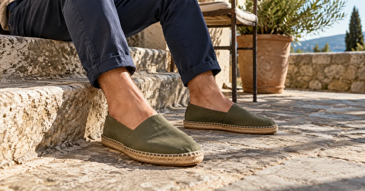 Espadrilles vert olive et chino bleu retroussé, jambes d’un homme assis sur une marche en pierre.