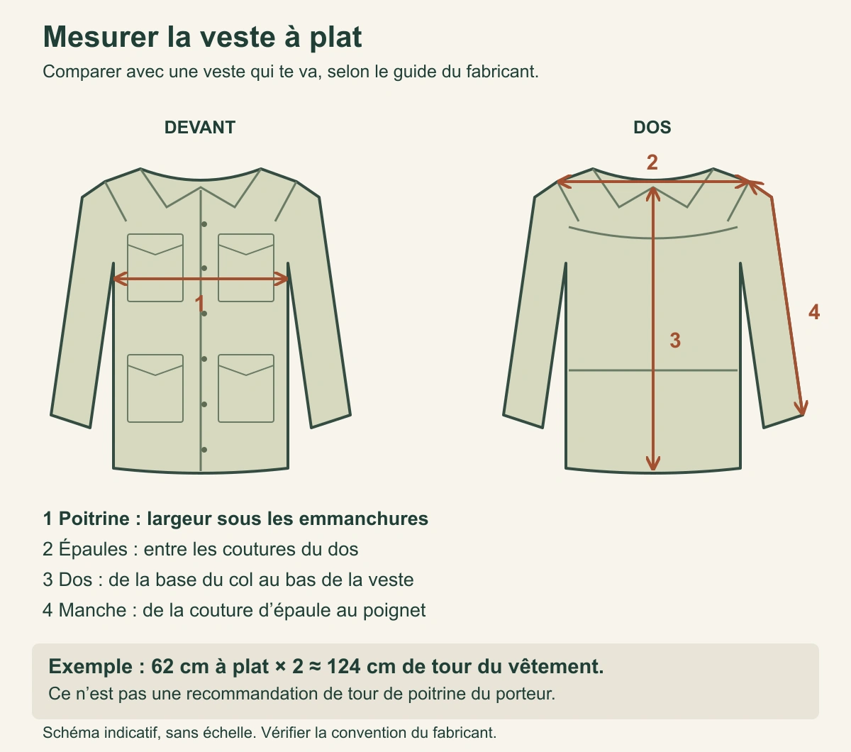 Schéma des mesures à plat : demi-poitrine devant, épaules, longueur du dos et manche au dos, avec distinction du tour du vêtement.