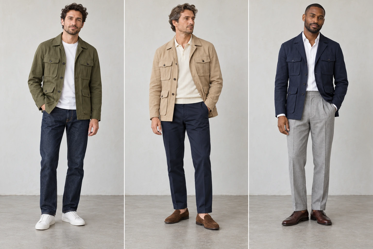 Trois tenues complètes avec une saharienne : jean et baskets, chino et mocassins, pantalon gris et derbies.