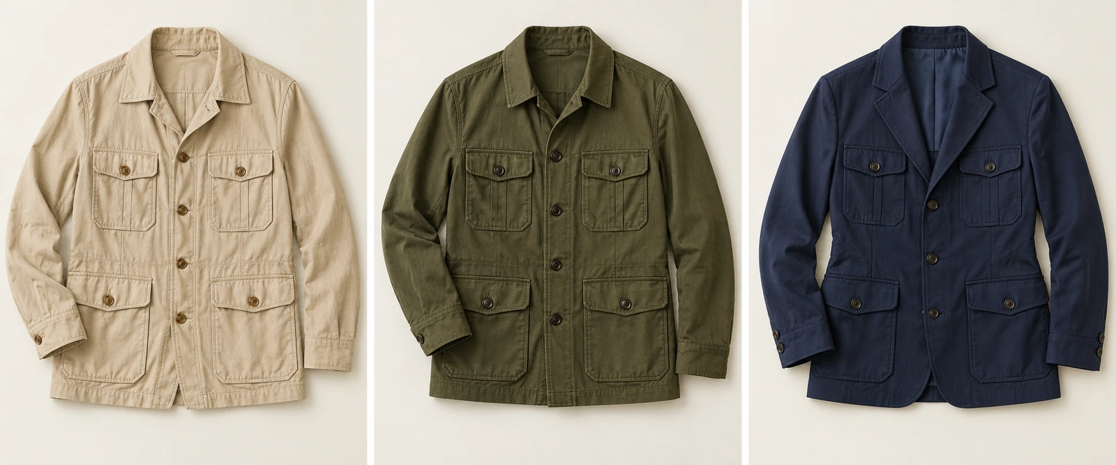 Trois sahariennes : beige souple, kaki d’aspect plus dense et bleu marine à revers structurés.